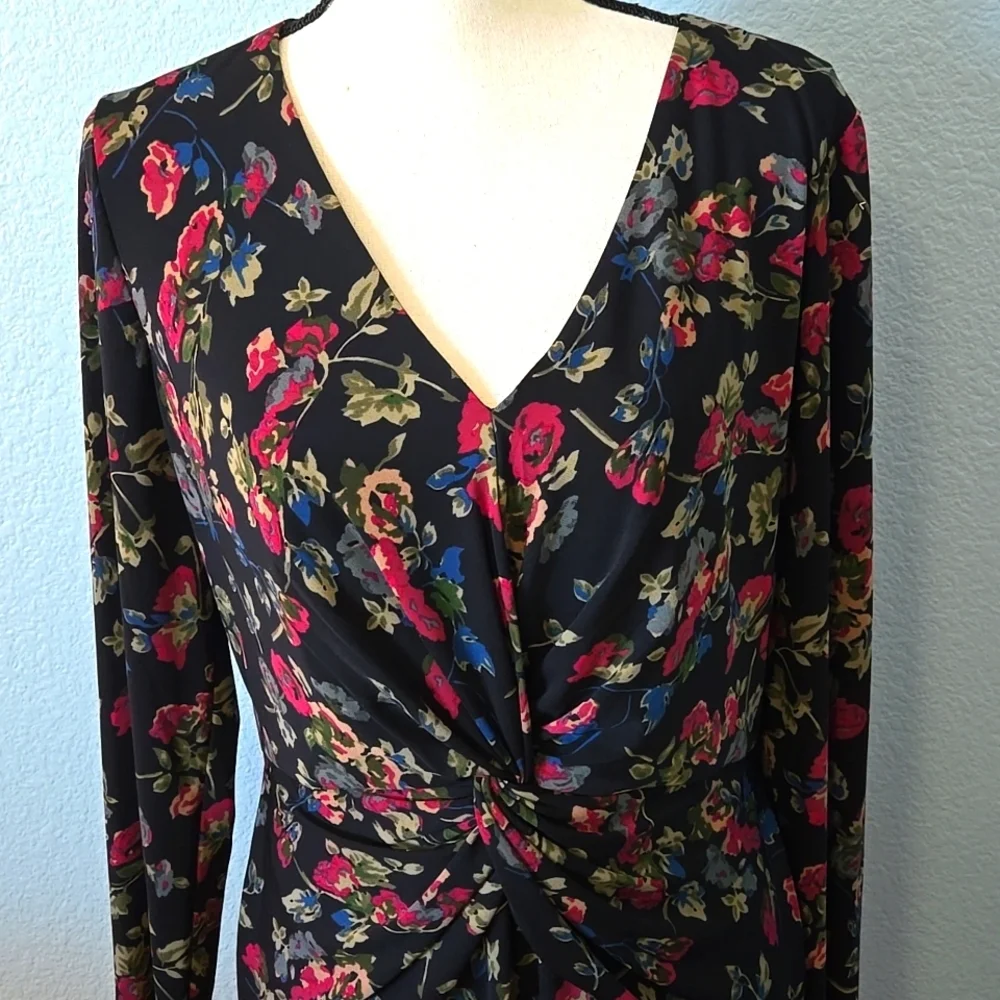 RALPH LAUREN BLACK LABEL Floral Surplice Midi Jersey Dress Sz 12 Vneck - Picture 3 of 14